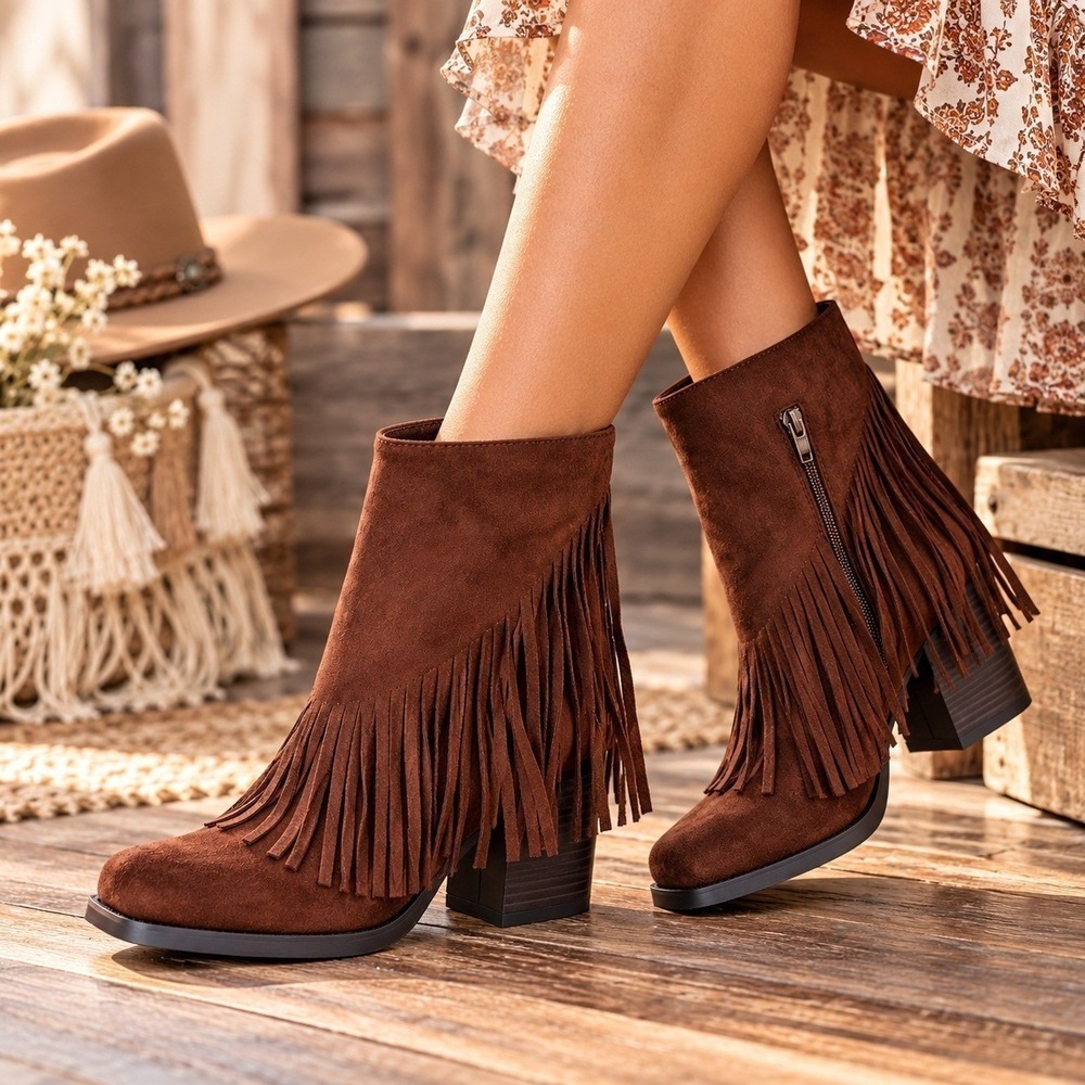 Chocolate Brown Fringe Western Cowgirl Booties Size 10 Boots Faux Suede New NWT